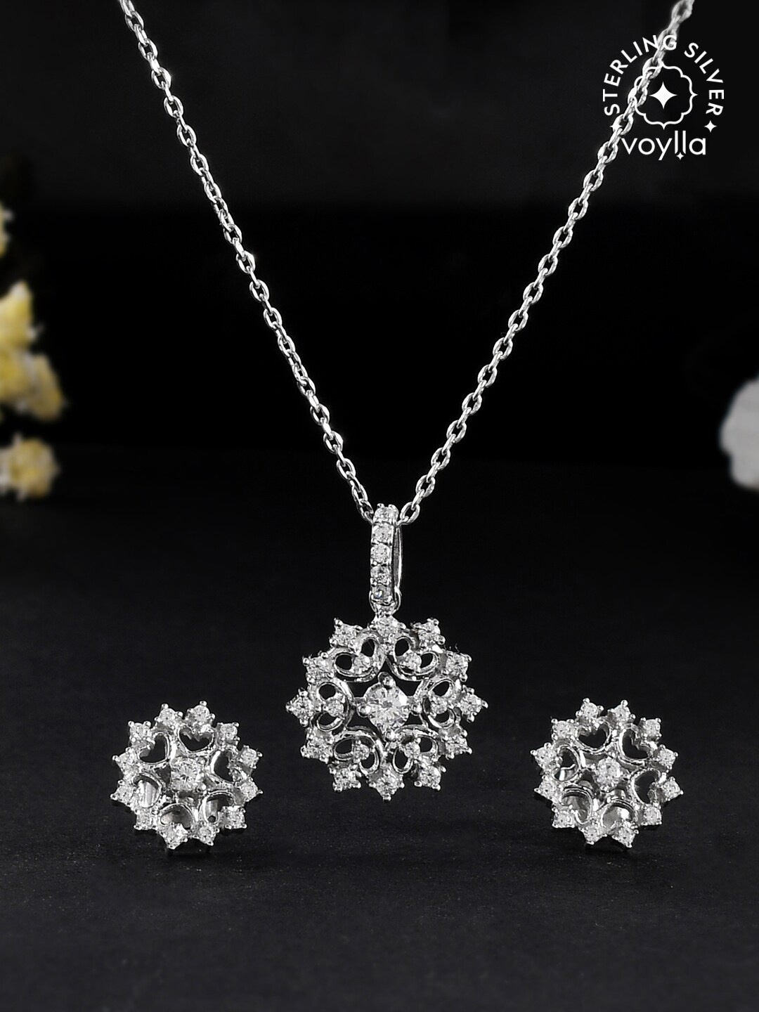 

Studio Voylla Rhodium Plated Stone Studded Pendant & Earrings, Silver