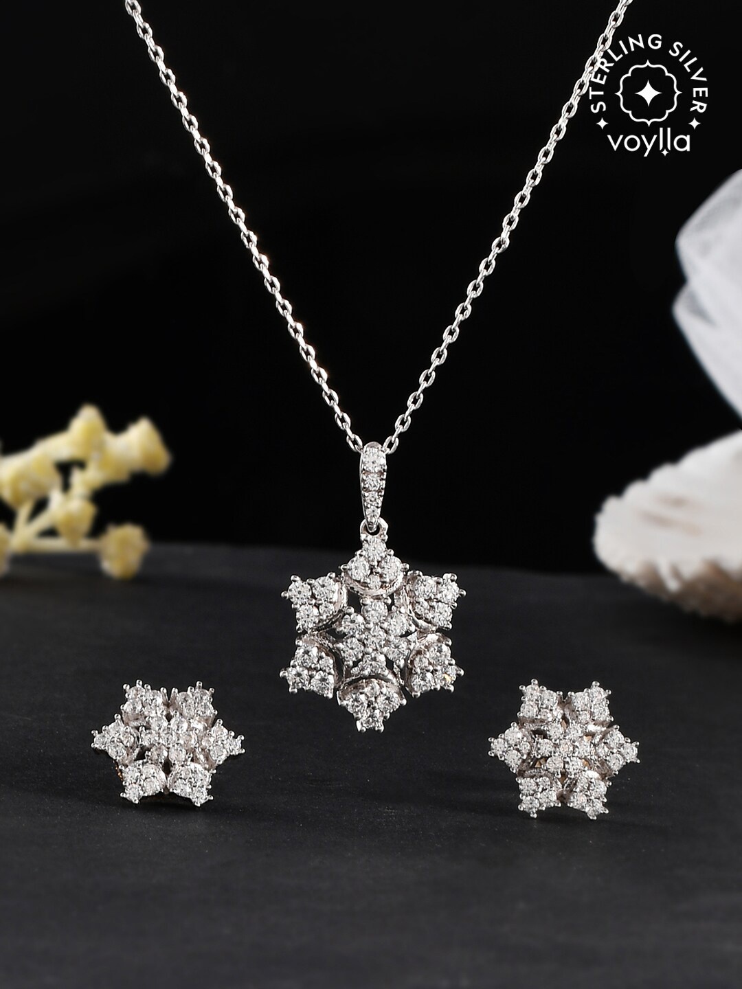 

Studio Voylla Rhodium-Plated CZ Stone Studded Pendant & Earrings, Silver