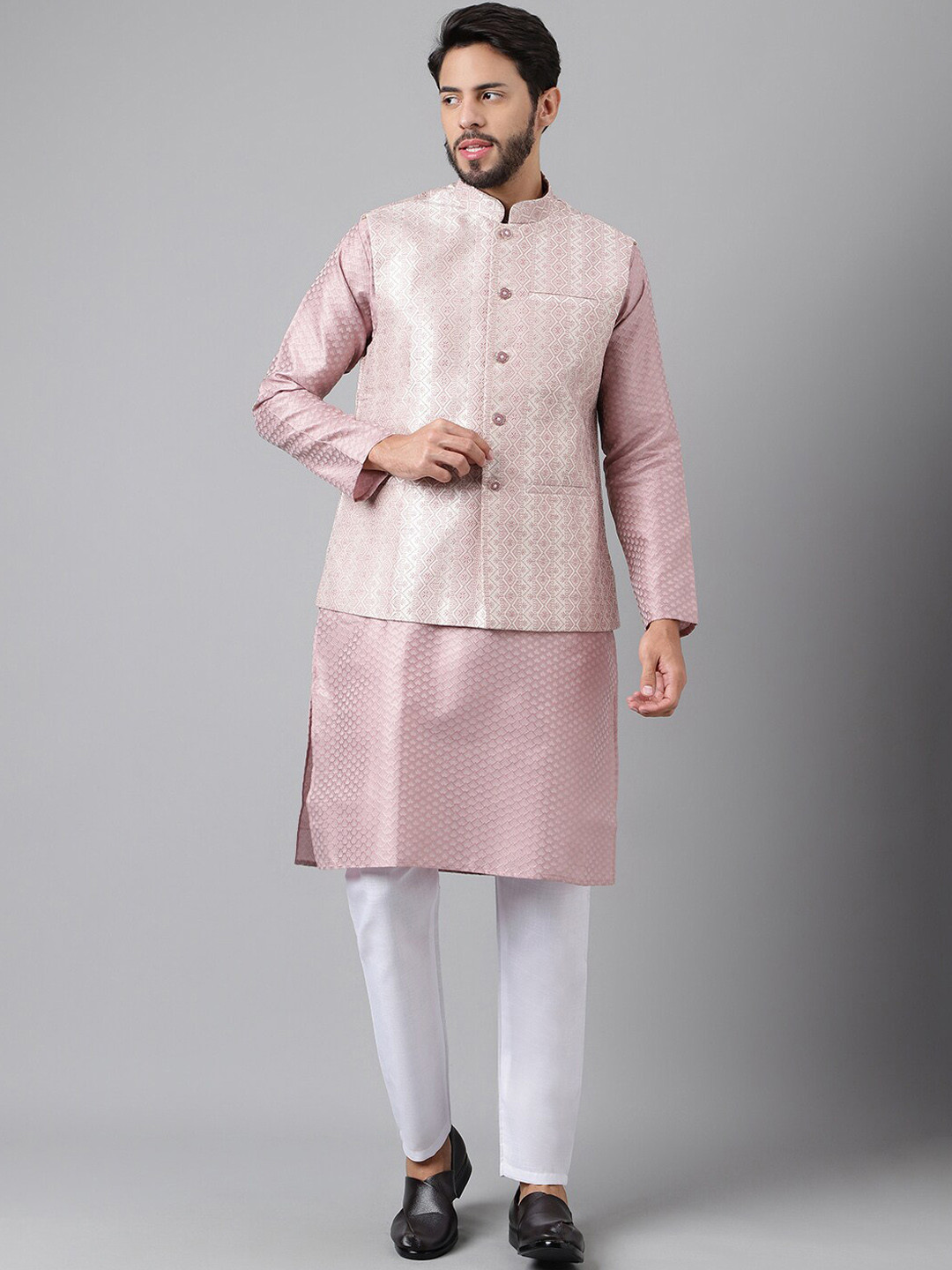 

SHADOW & SAINING Geometric Woven Design Straight Kurta with Pyjamas & & Nehru Jacket, Pink