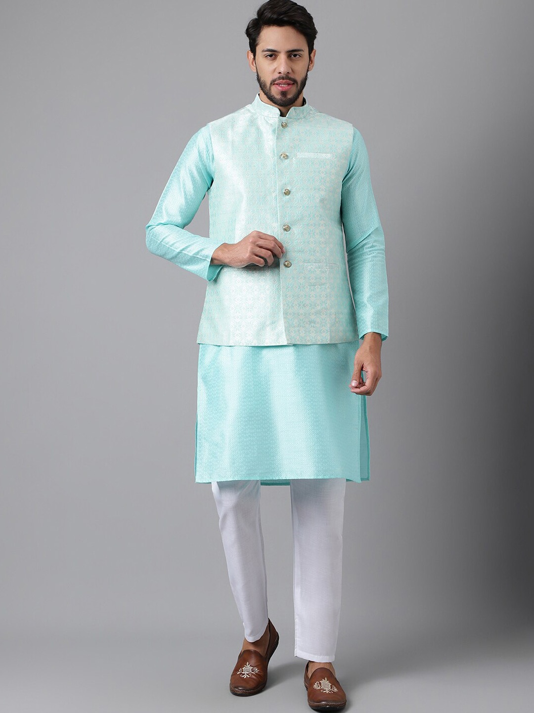 

SHADOW & SAINING Ethnic Motifs Woven Design Straight Kurta with Pyjamas & & Nehru Jacket, Blue
