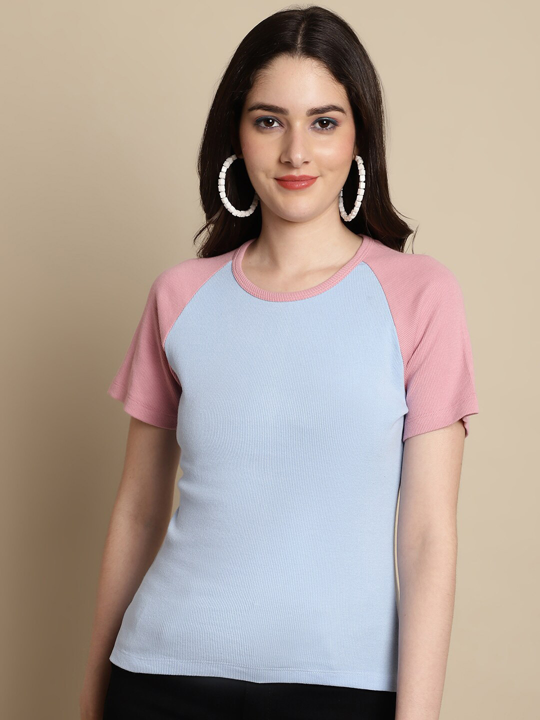 

Friskers Round Neck Colourblocked Raglan Sleeves Cotton Top, Turquoise blue