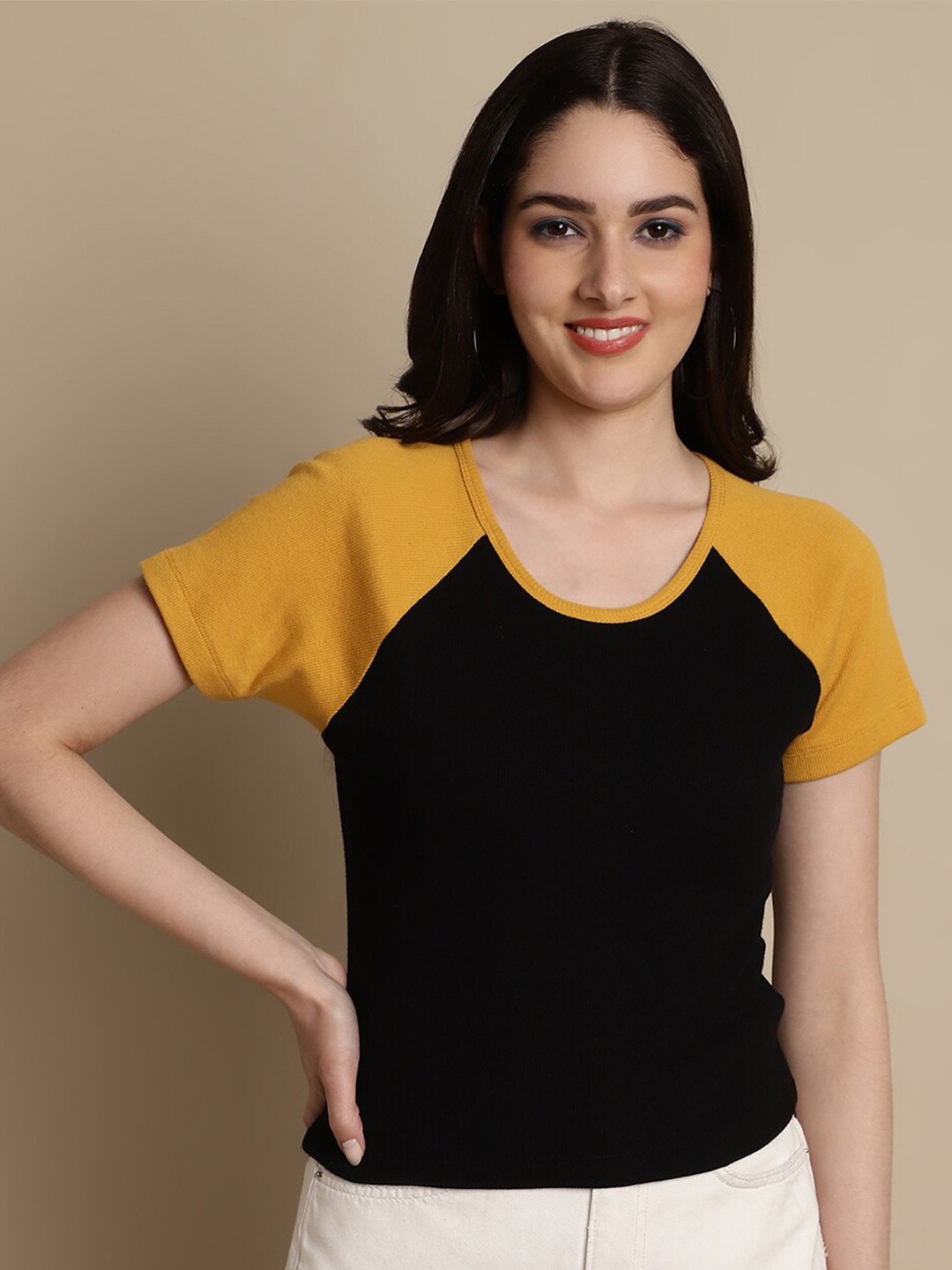 

Friskers Round Neck Colourblocked Raglan Sleeves Cotton Top, Black