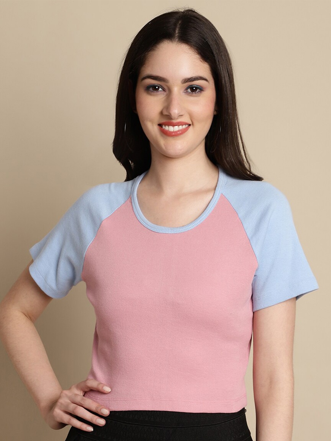 

Friskers Round Neck Colourblocked Raglan Sleeves Cotton Top, Coral
