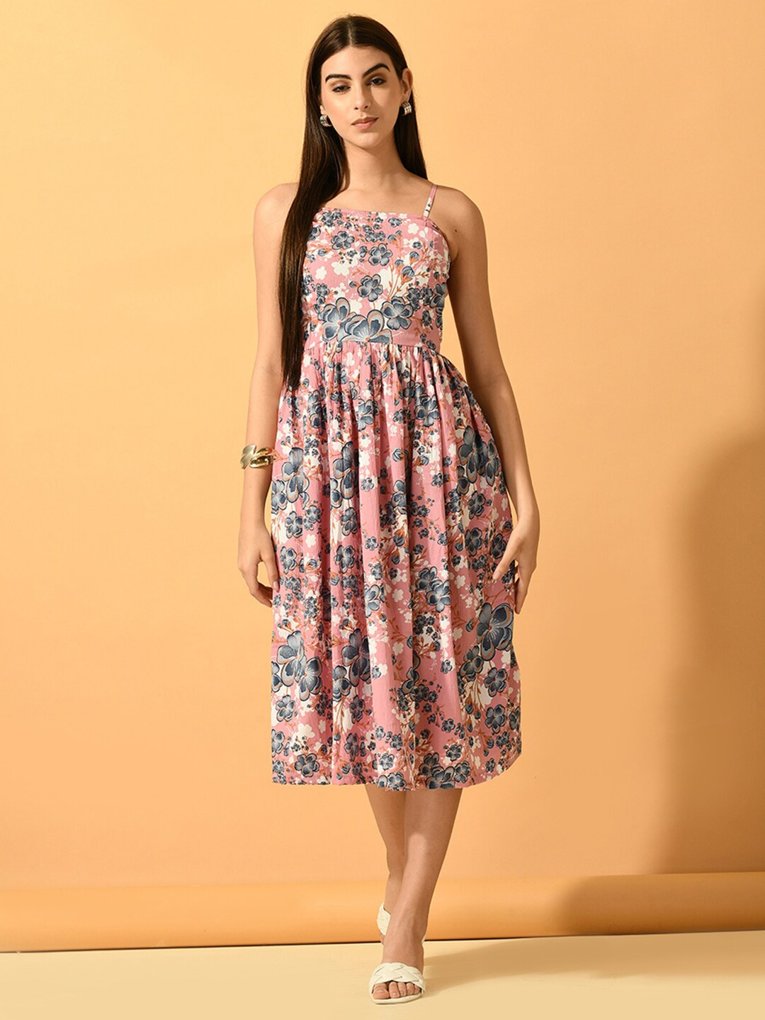 

Myshka Floral Printed Shoulder Straps Crepe Fit & Flare Midi Dress, Pink
