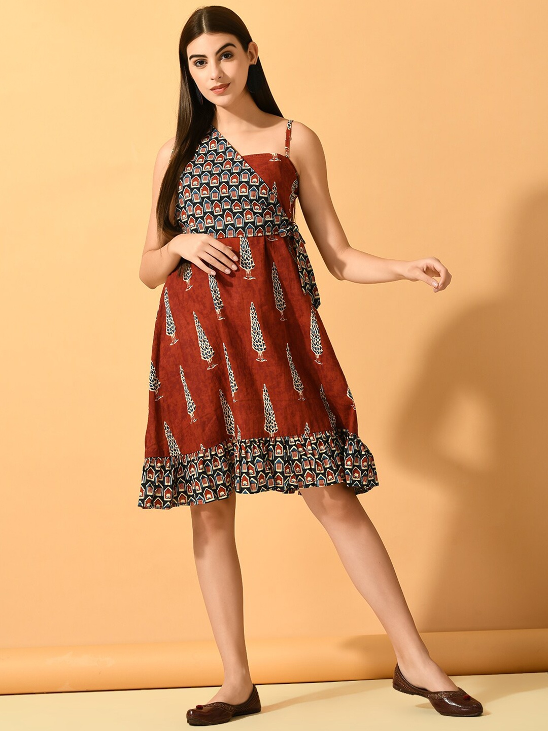 

Myshka Ethnic Motifs Printed Cotton A-Line Dress, Bronze