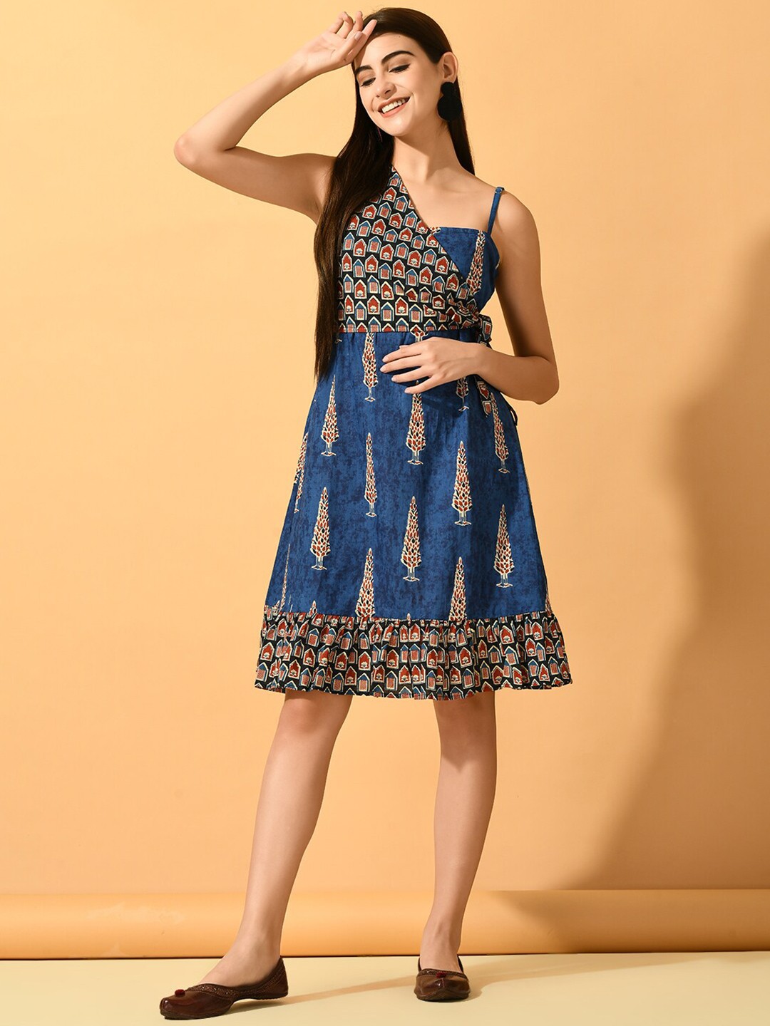 

Myshka Ethnic Motifs Printed Cotton A-Line Dress, Blue