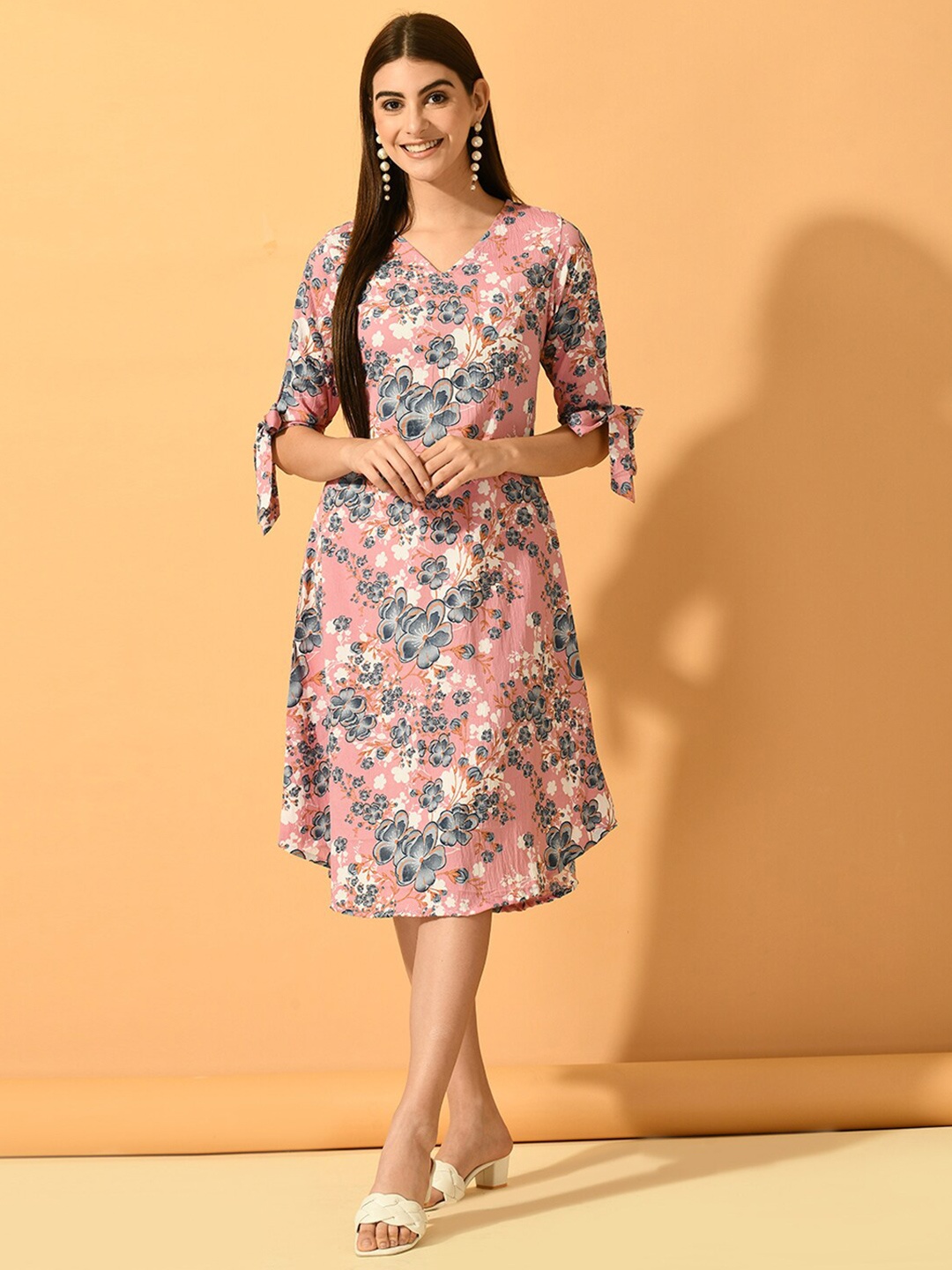 

Myshka Floral Printed Crepe A-Line Midi Dress, Pink