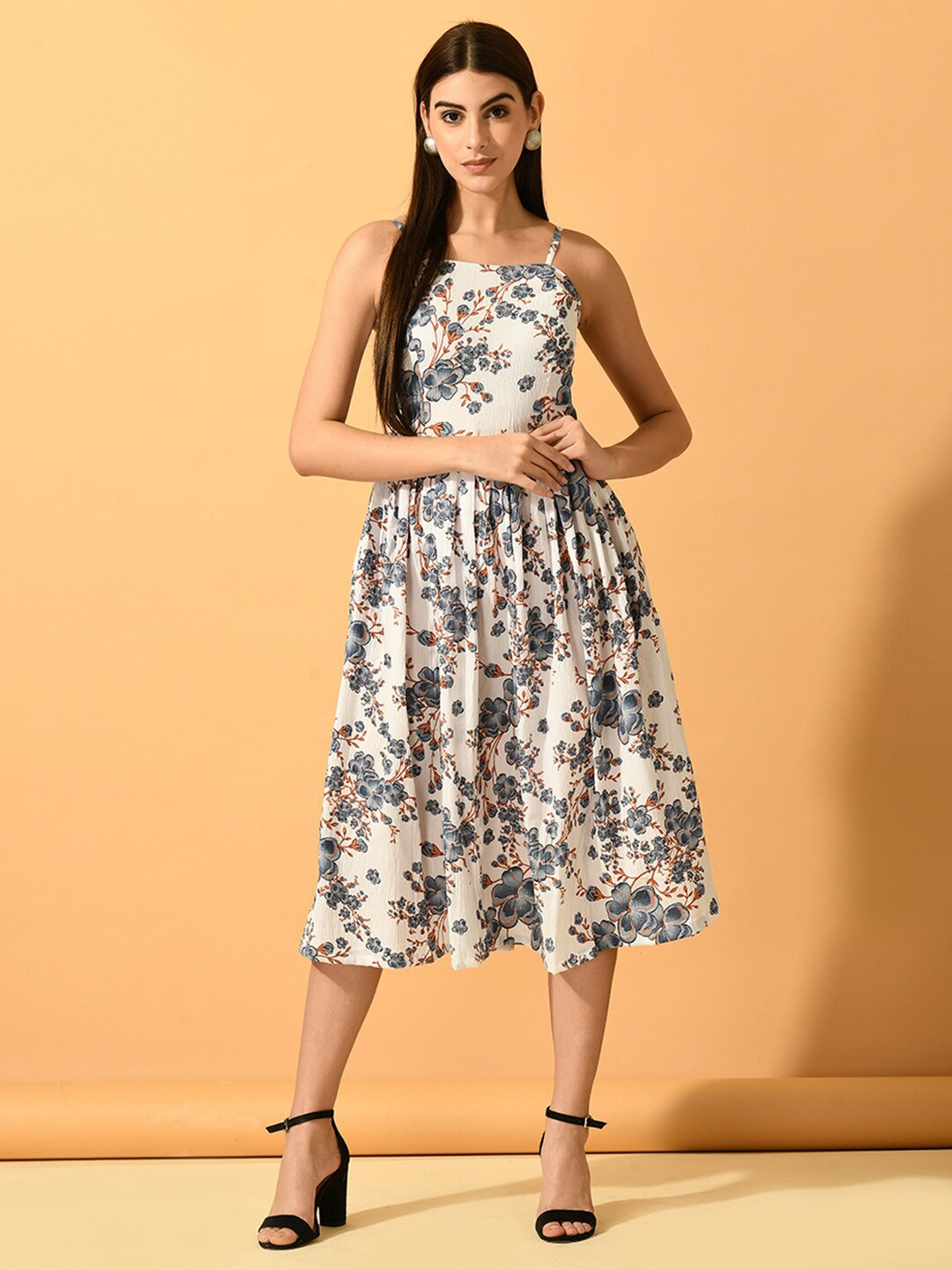 

Myshka Floral Printed Shoulder Strap Neck Gathered Fit & Flare Midi Dress, White
