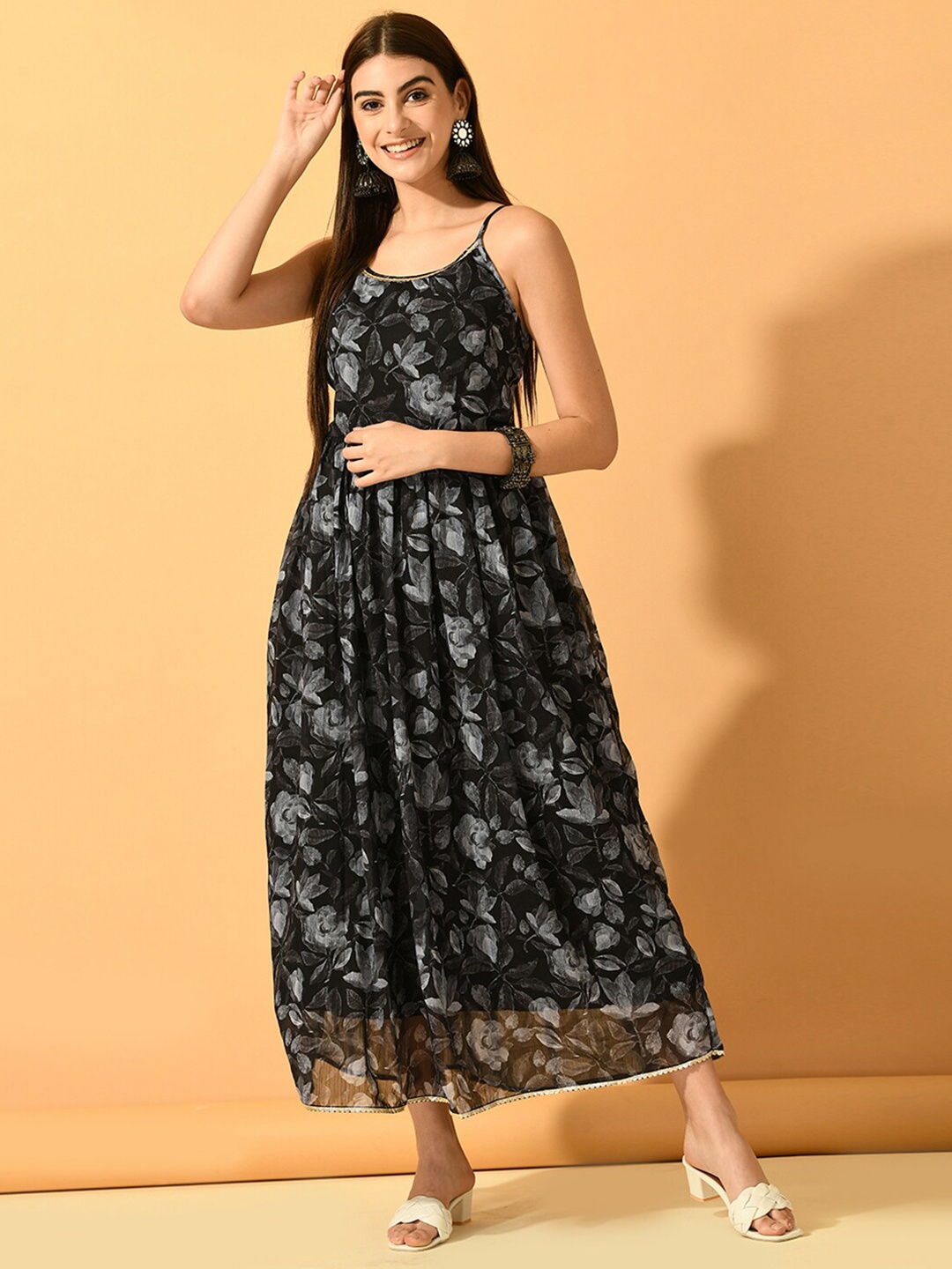 

Myshka Floral Printed Shoulder Strap Neck Gathered And Pleated Maxi Fit & Flare Dress, Black