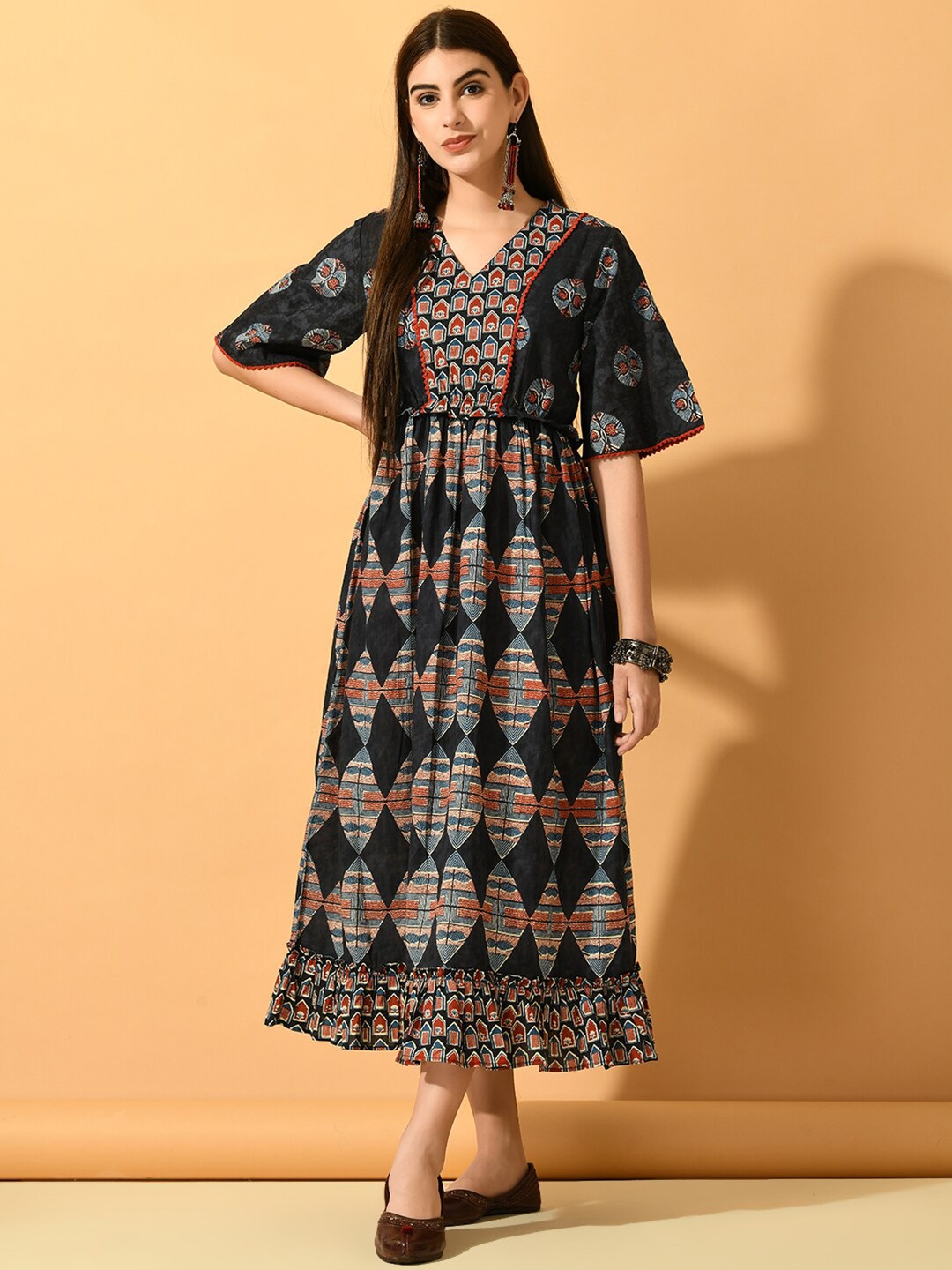 

Myshka Ethnic Motifs Printed Flared Sleeve Pleated Cotton Fit & Flare Ethnic Dress, Black