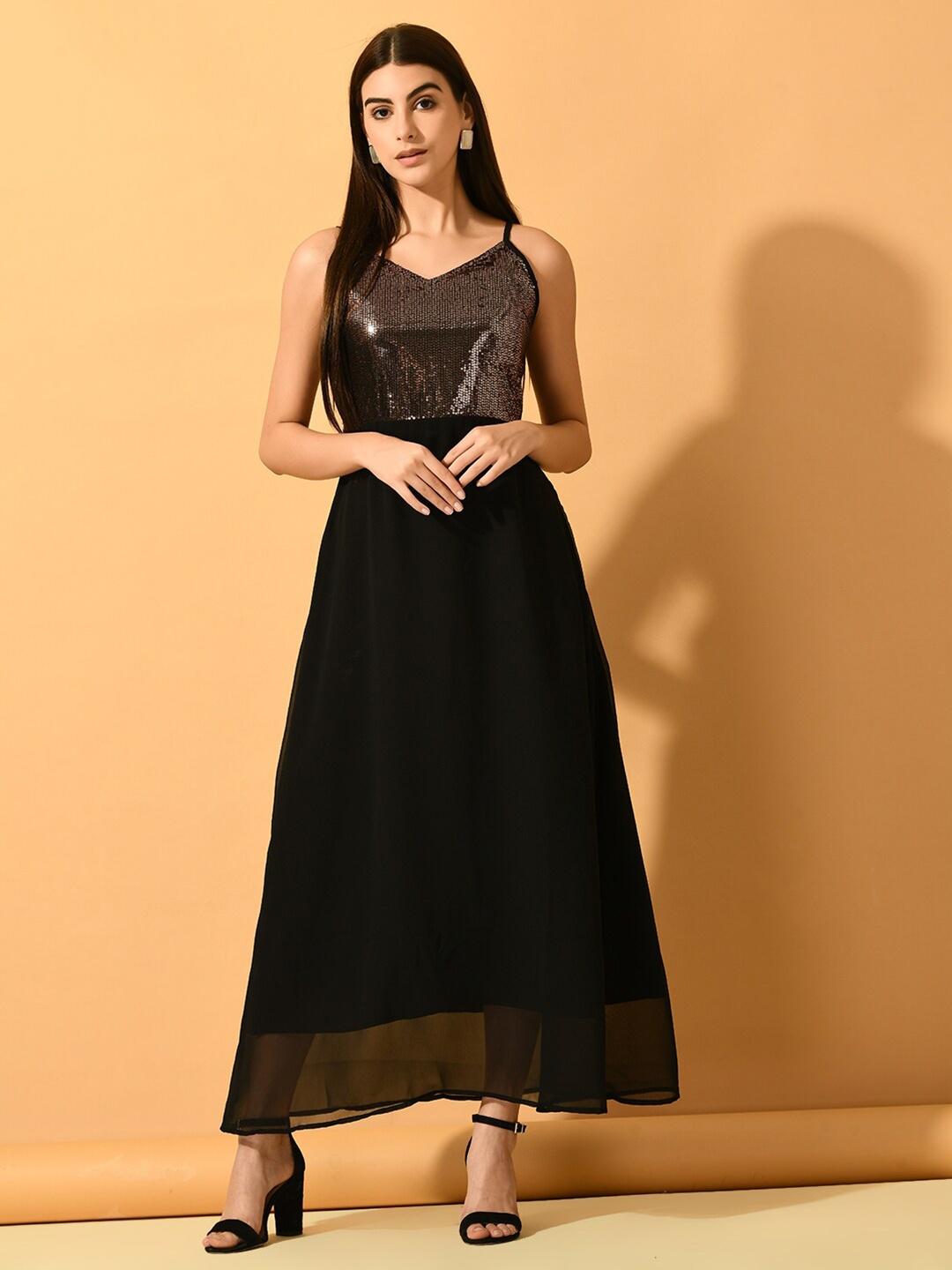 

Myshka Embellished Shoulder Straps Sleeveless Georgette Maxi Dress, Black
