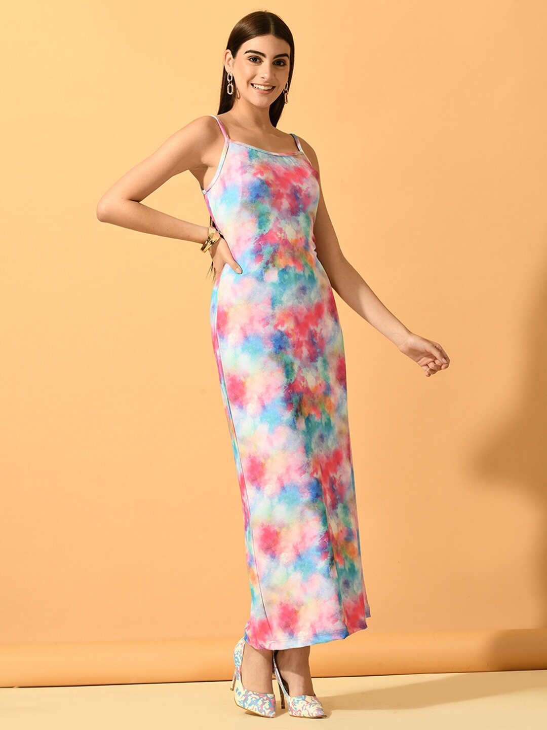 

Myshka Tie &Dye Dyed Shoulder Straps Sleeveless PU Coated Maxi Dress, White