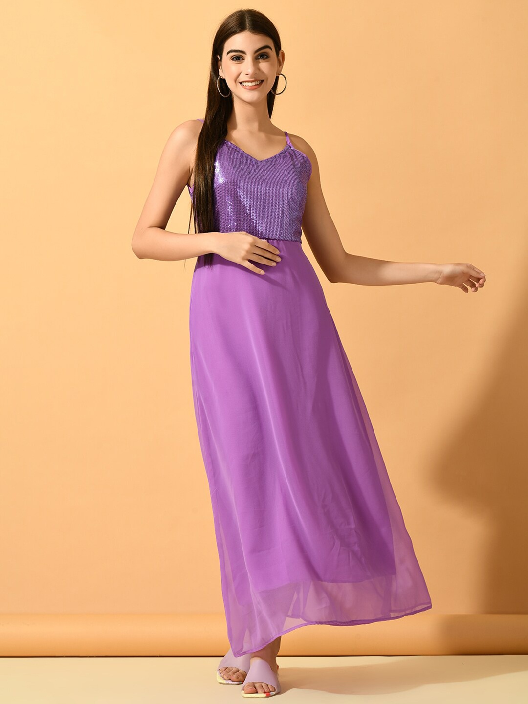 

Myshka Embellished Shoulder Straps Sleeveless Georgette Maxi Dress, Lavender