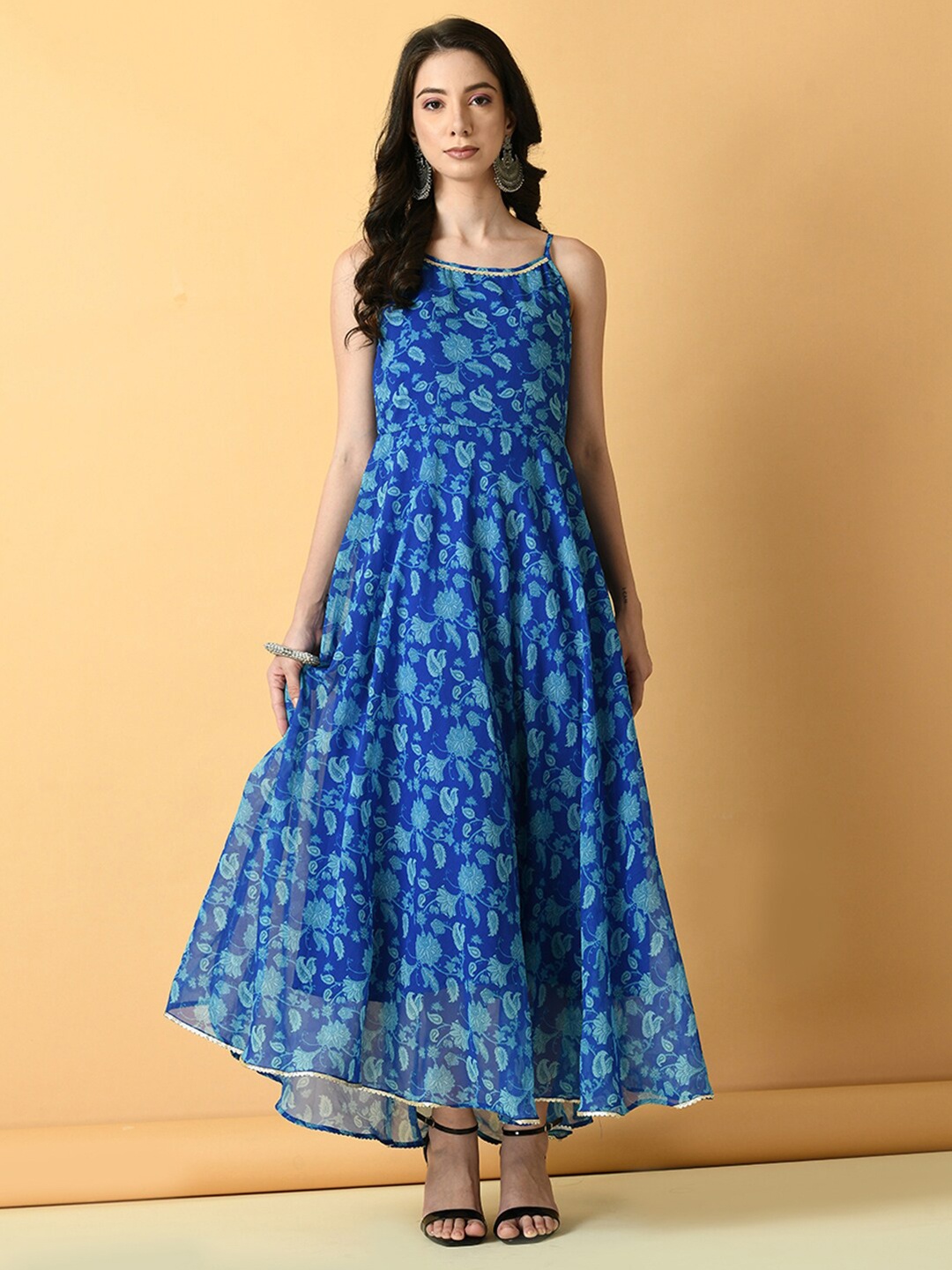 

Myshka Floral Printed Shoulder Straps Sleeveless Lace-Up Chiffon Maxi Dress, Blue