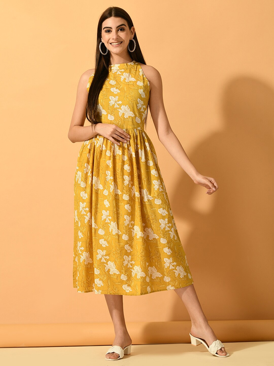 

Myshka Floral Printed Fit and Flare Midi Cotton Dress, Yellow