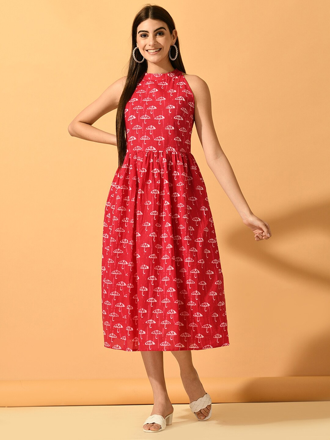 

Myshka Conversational Printed Sleeveless Cotton A-Line Midi Dress, Pink