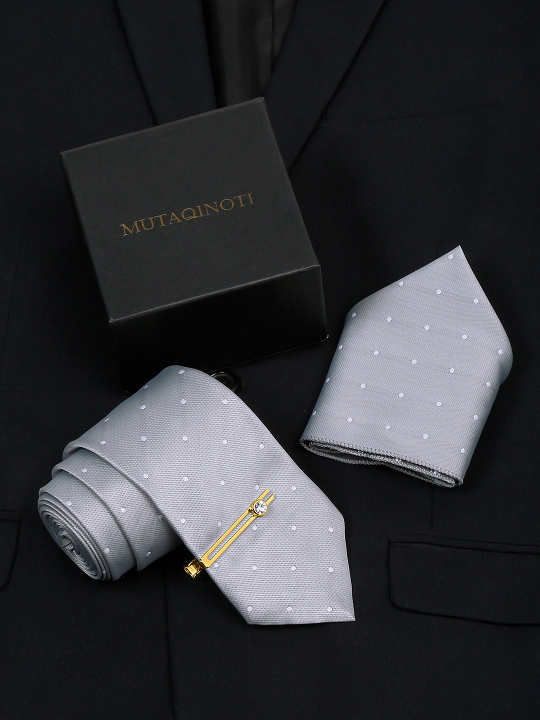 

MUTAQINOTI Silk Necktie Accessory Gift Set, Grey