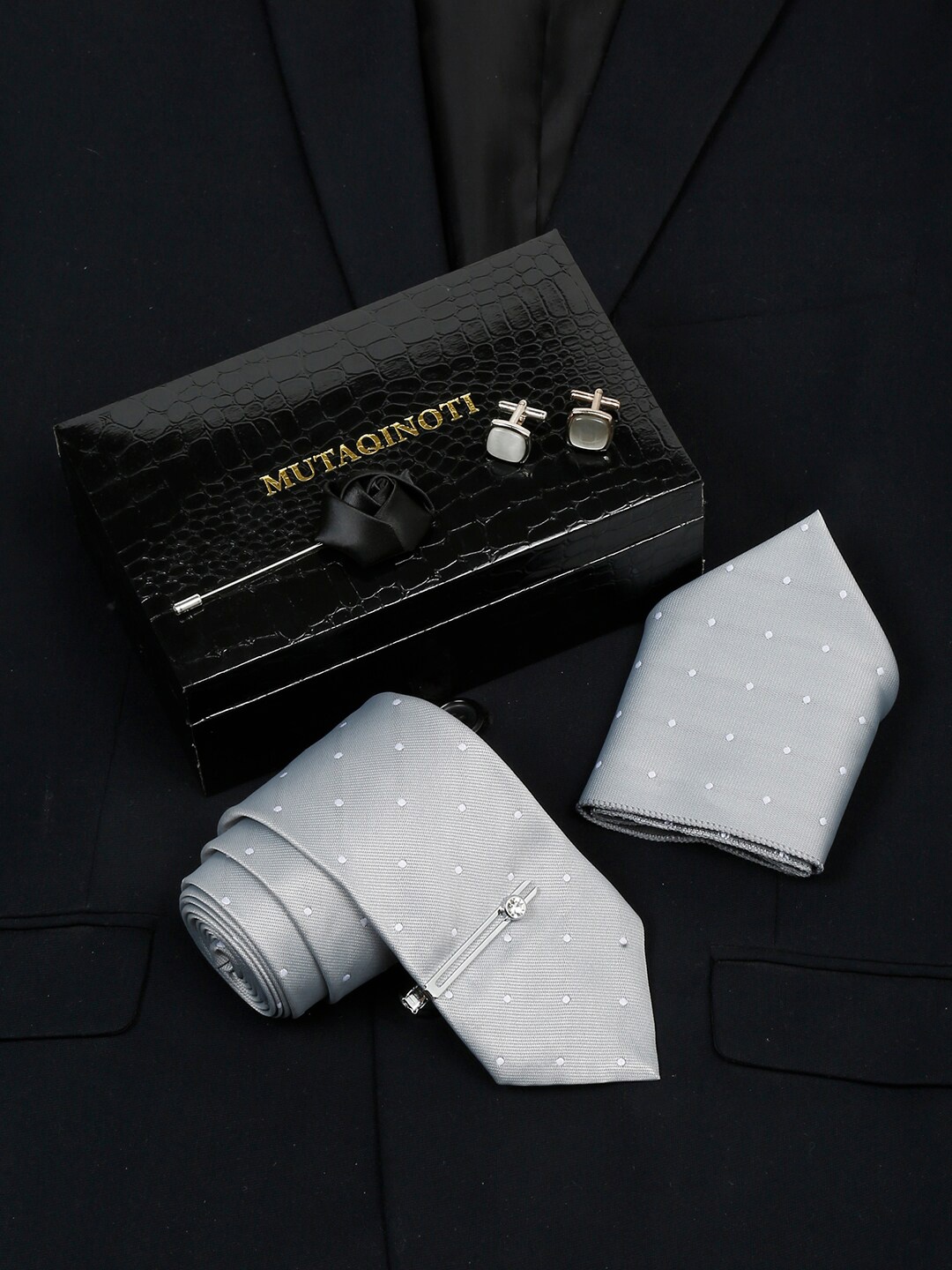 

MUTAQINOTI Silk Necktie Accessory Gift Set, Grey