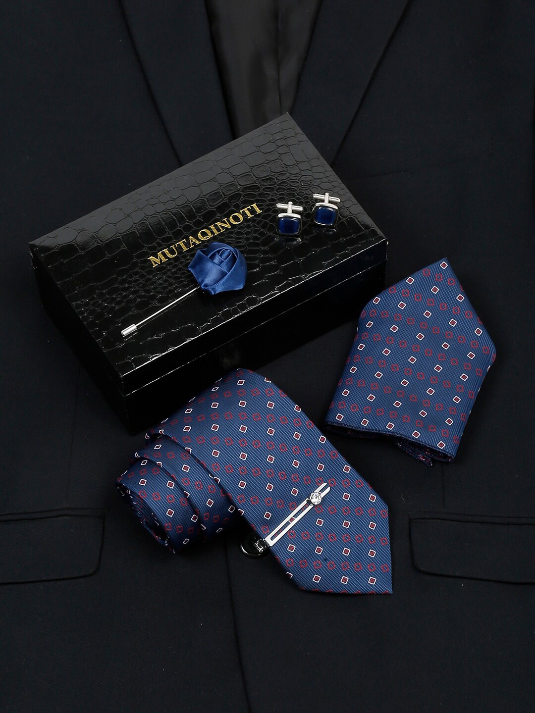 

MUTAQINOTI Mens Printed Silk Necktie Accessory Gift Set, Blue