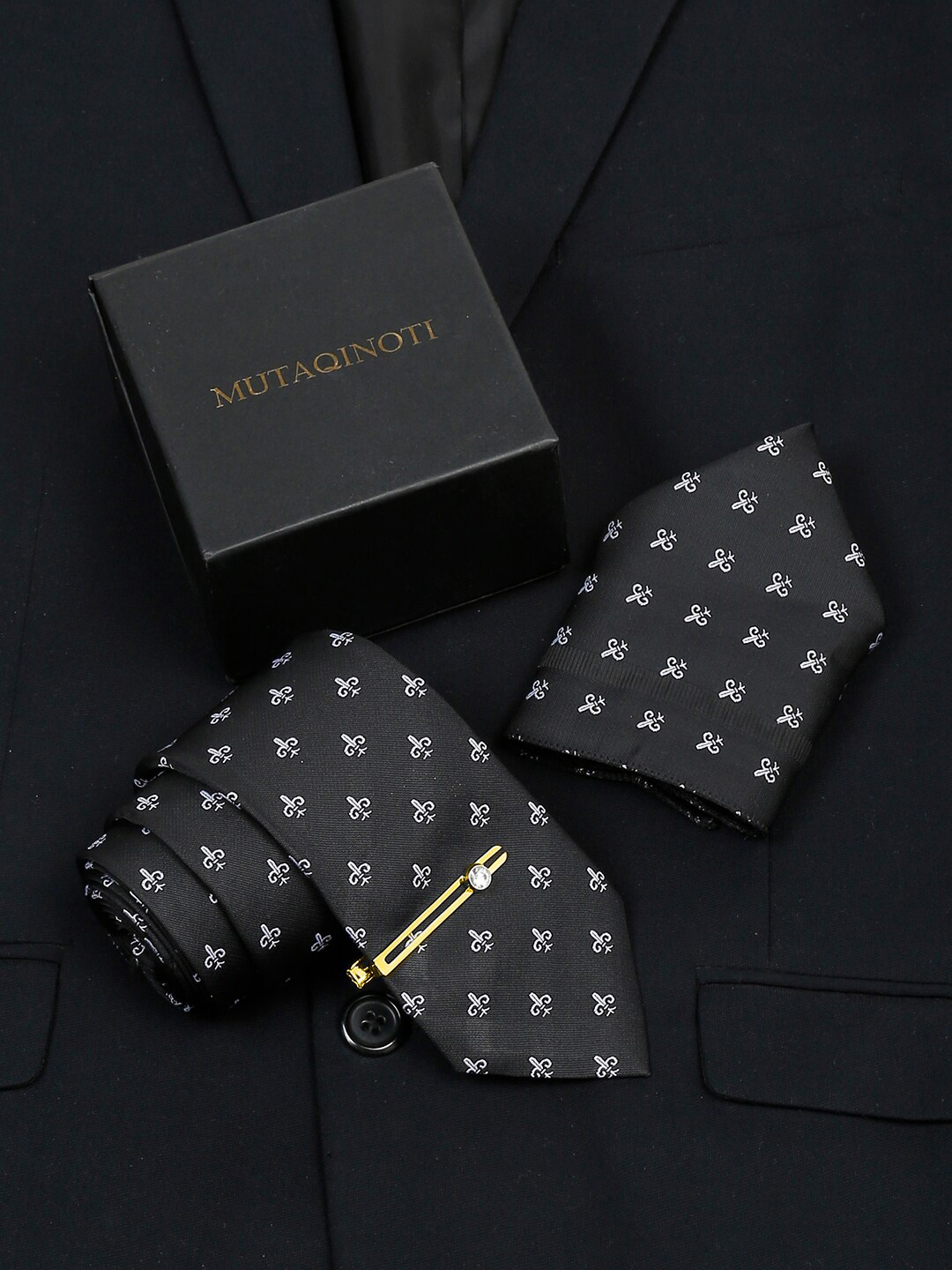 

MUTAQINOTI Silk Necktie Accessory Gift Set, Black