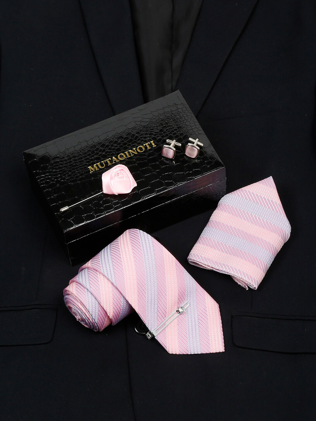 

MUTAQINOTI Mens Woven Design Silk Accessory Gift Set, Pink