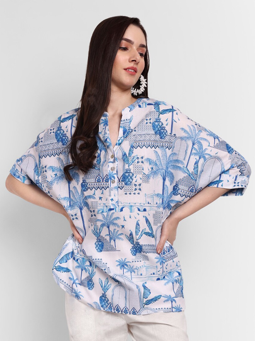 

TYAAR Floral Printed Mandarin Collar Extended Sleeves Bohemian Top, White