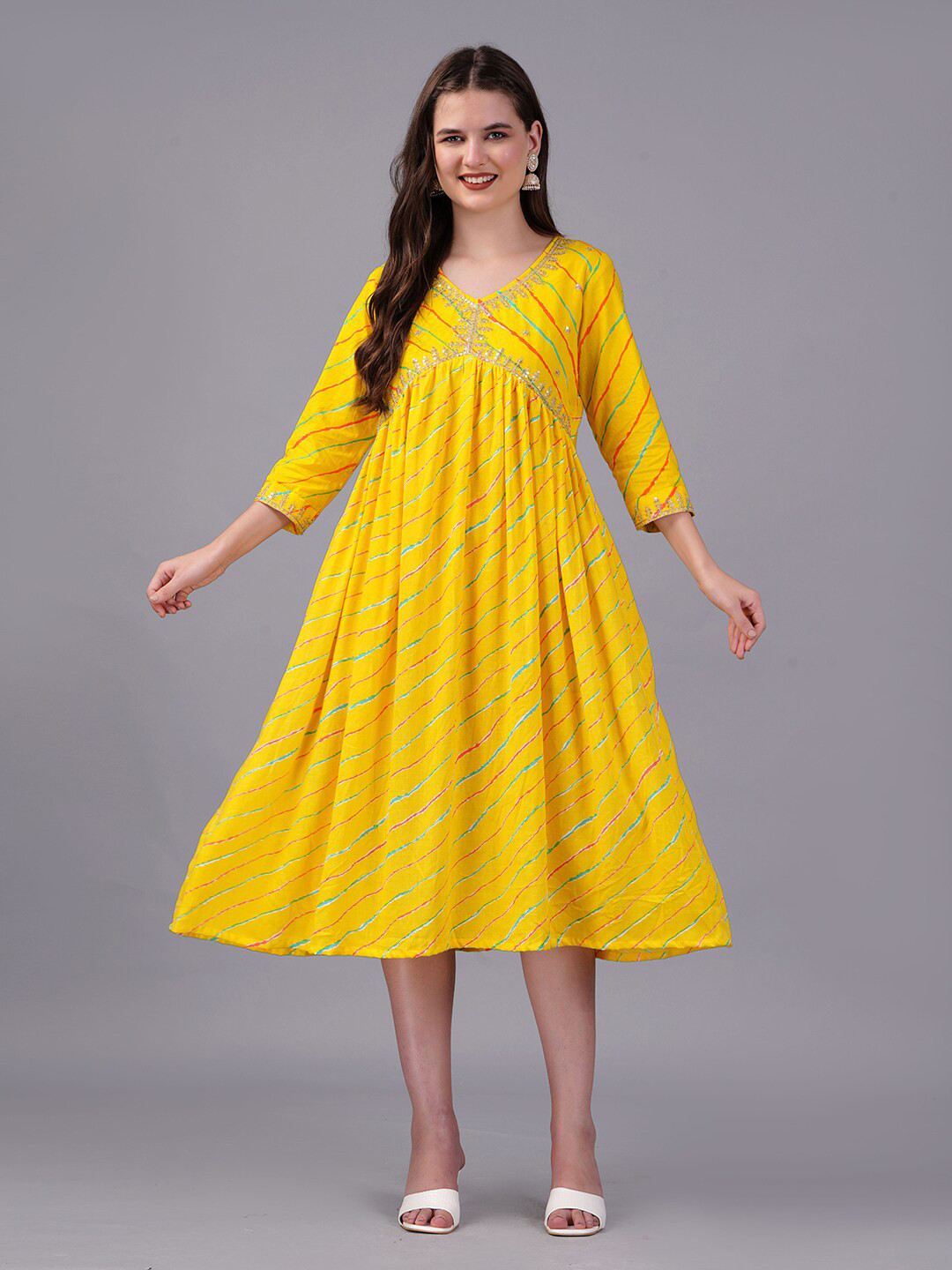 

KPF Yellow Print Fit & Flare Midi Dress