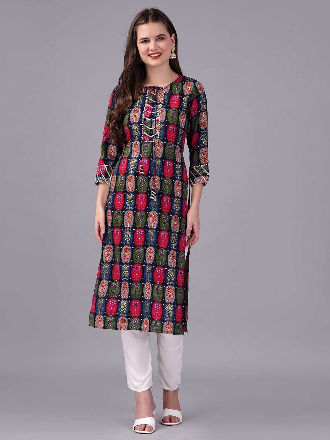 

KPF Ethnic Motifs Printed Tie Up Neck Pure Cotton Kurta, Red