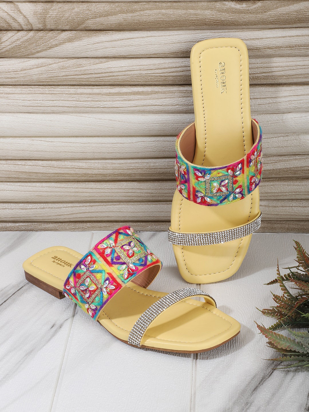 

Anouk Yellow & Silver-Toned Embellished & Embroidered Open Toe Flats