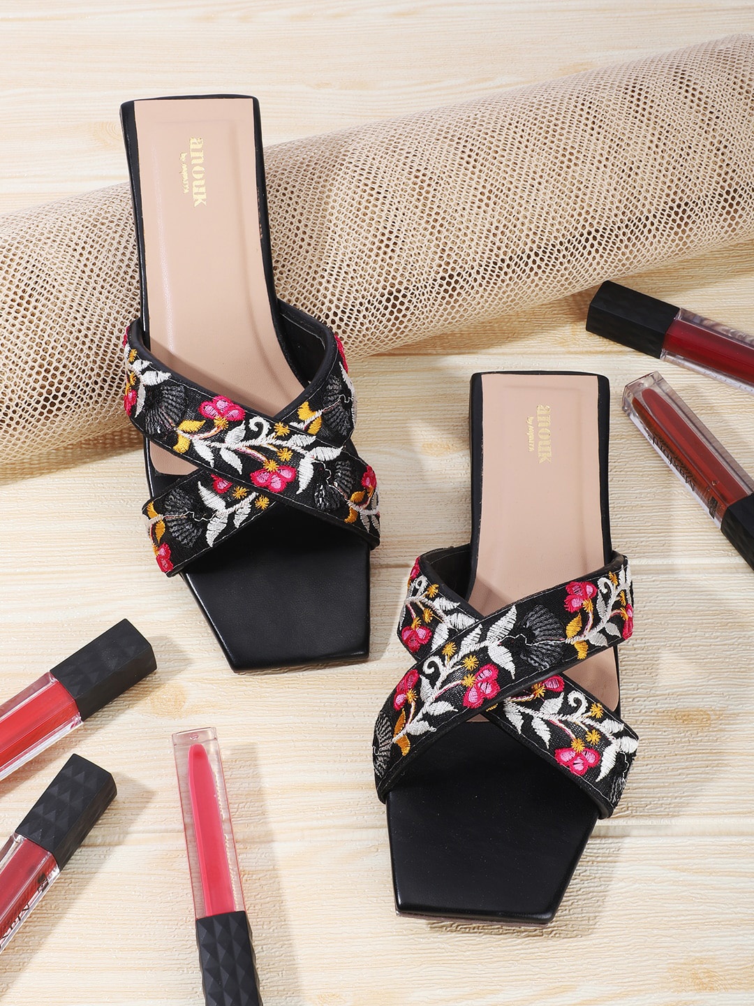 

Anouk Black & Pink Embroidered Open Toe Flats