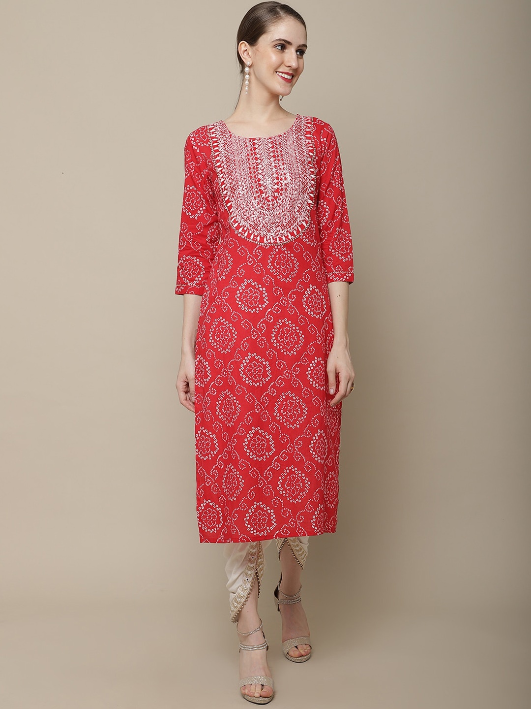 

Vastramyaa Bandhani Printed Thread Work Cotton Straight Kurta, Red