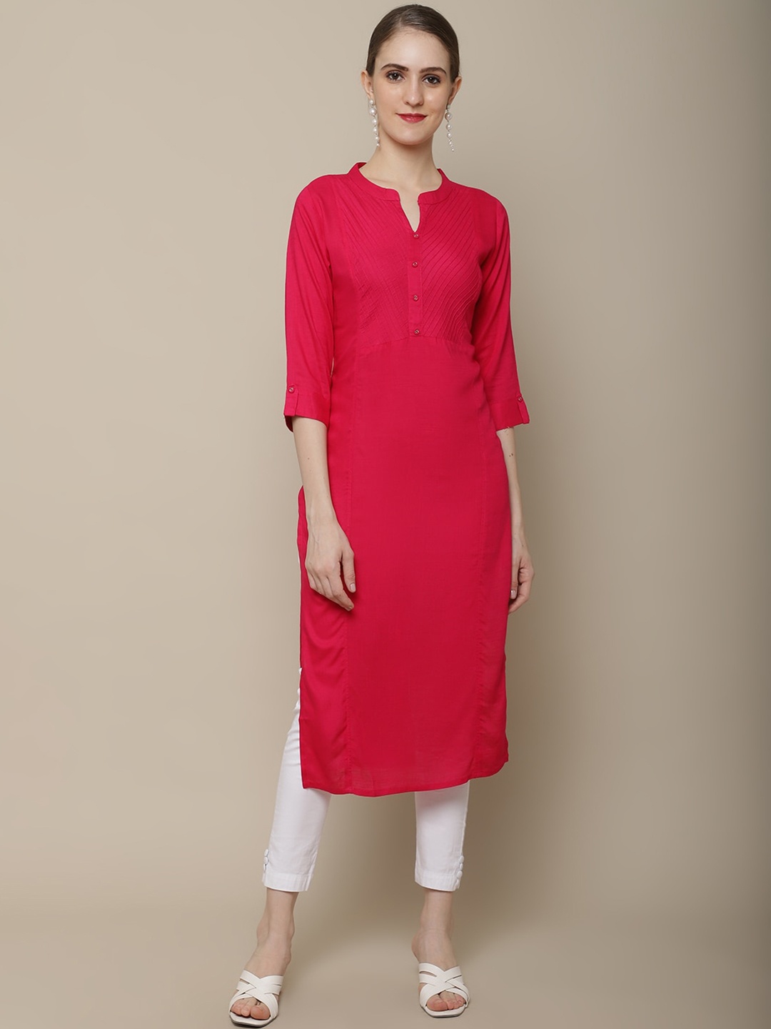 

Vastramyaa Yoke Design Pintuck Mandarin Collar Thread Work Straight Kurta, Pink