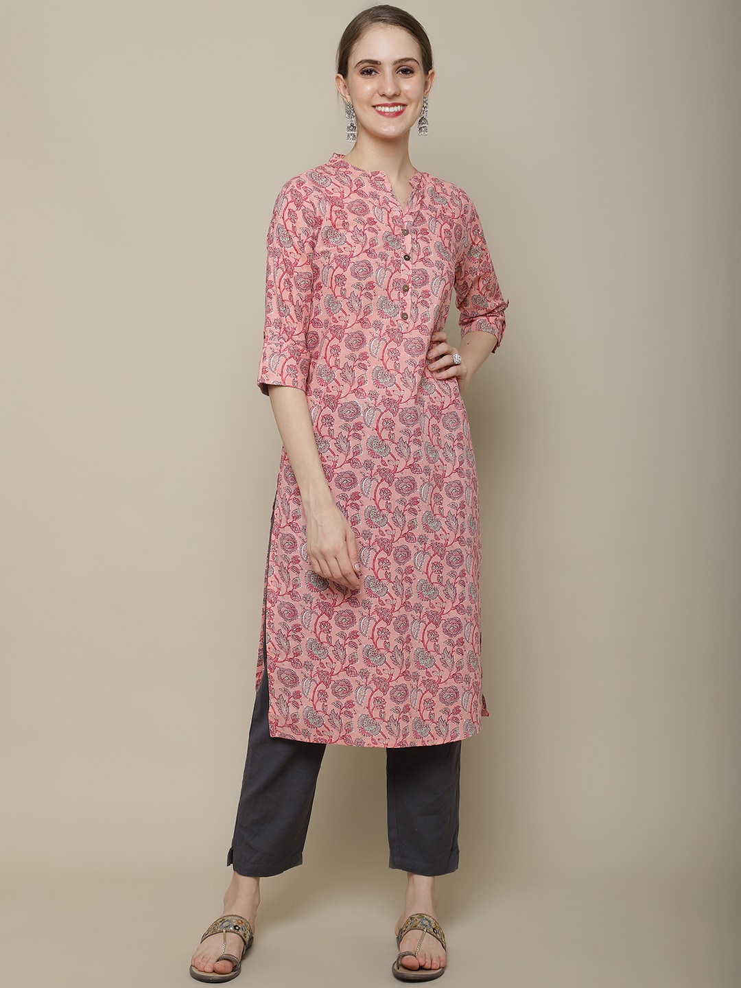 

Vastramyaa Ethnic Motifs Printed Mandarin Collar Roll-Up Sleeves Cotton Kurta, Pink