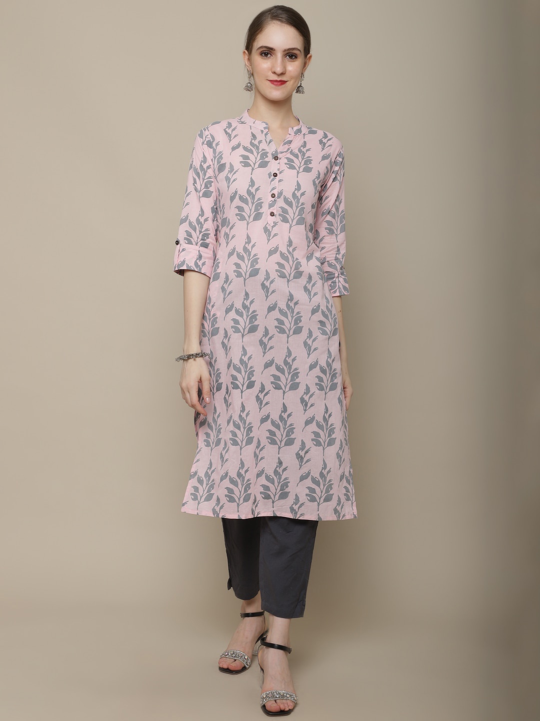 Vastramyaa Printed Mandarin Collar Roll-Up Sleeves Cotton Kurta, Pink