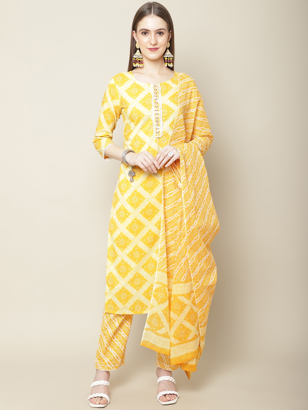 

Vastramyaa Bandhani Printed Thread Work Pure Cotton Kurta with Trousers & With Dupatta, Yellow