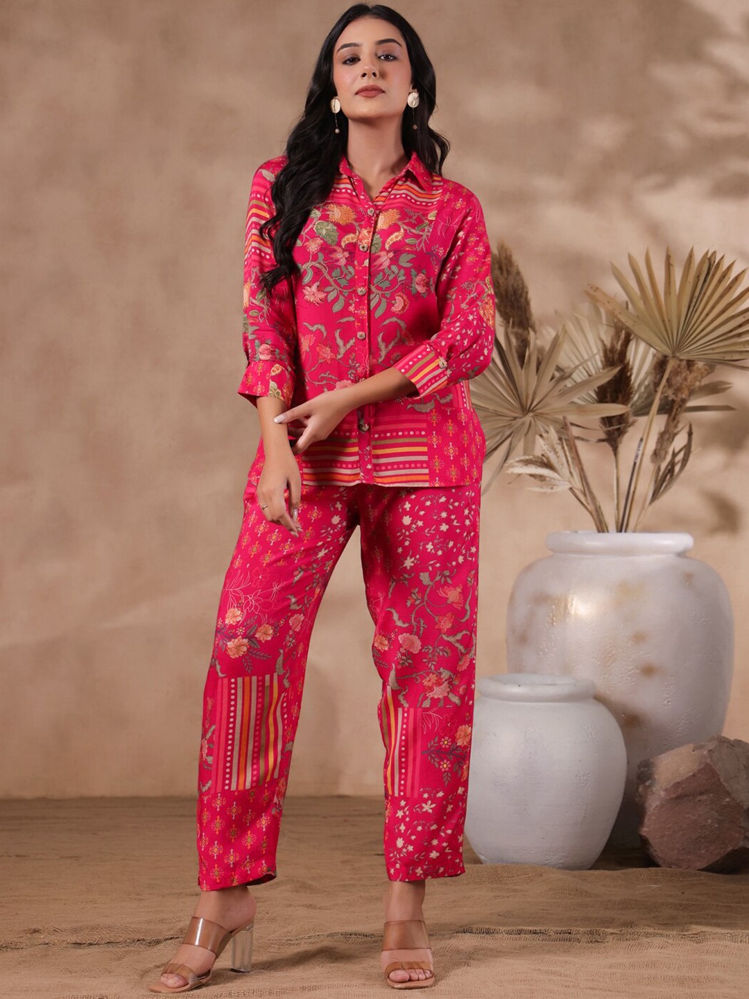 

Ishin Printed Shirt-Collar Shirt With Trouser Co-Ords, Pink