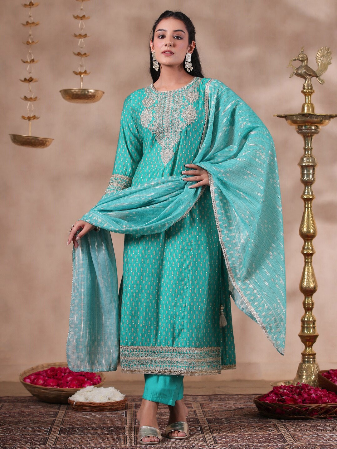 

Ishin Ethnic Motifs Embroidered Regular Kurta with Trousers & With Dupatta, Turquoise blue