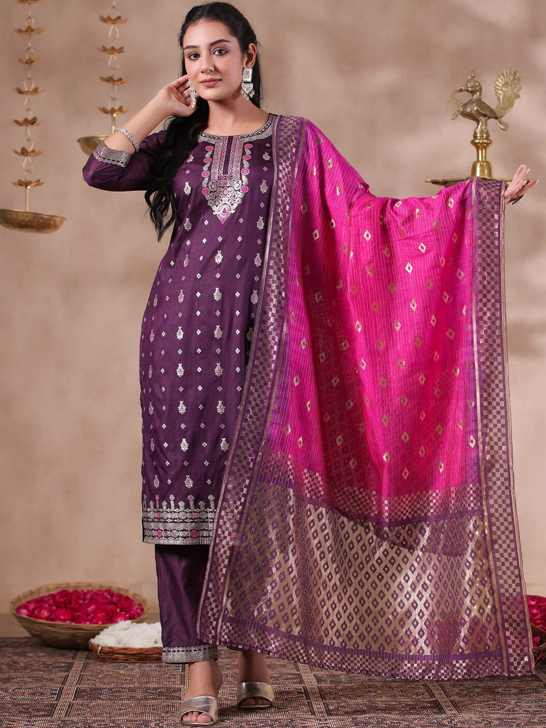 

Ishin Ethnic Motifs Woven Design Zari Detail Straight Kurta & Trousers With Dupatta, Purple