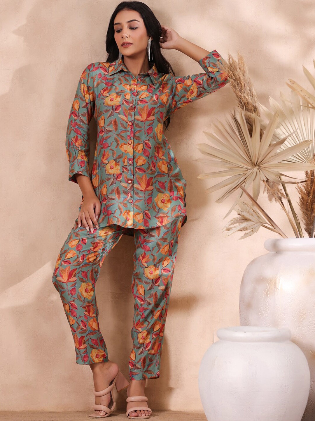 

Ishin Printed Shirt-Collar Shirt With Trouser Co-Ords, Blue