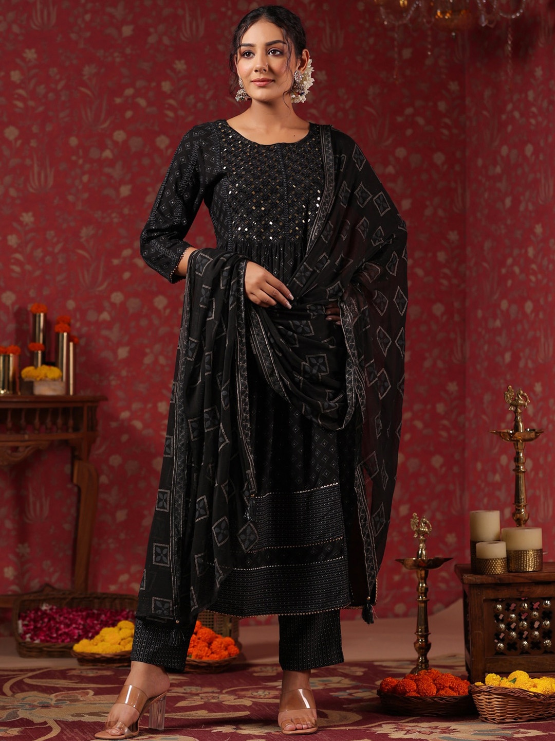 

Ishin Ethnic Motifs Printed Mirror Work Kurta With Trousers & Dupatta, Black