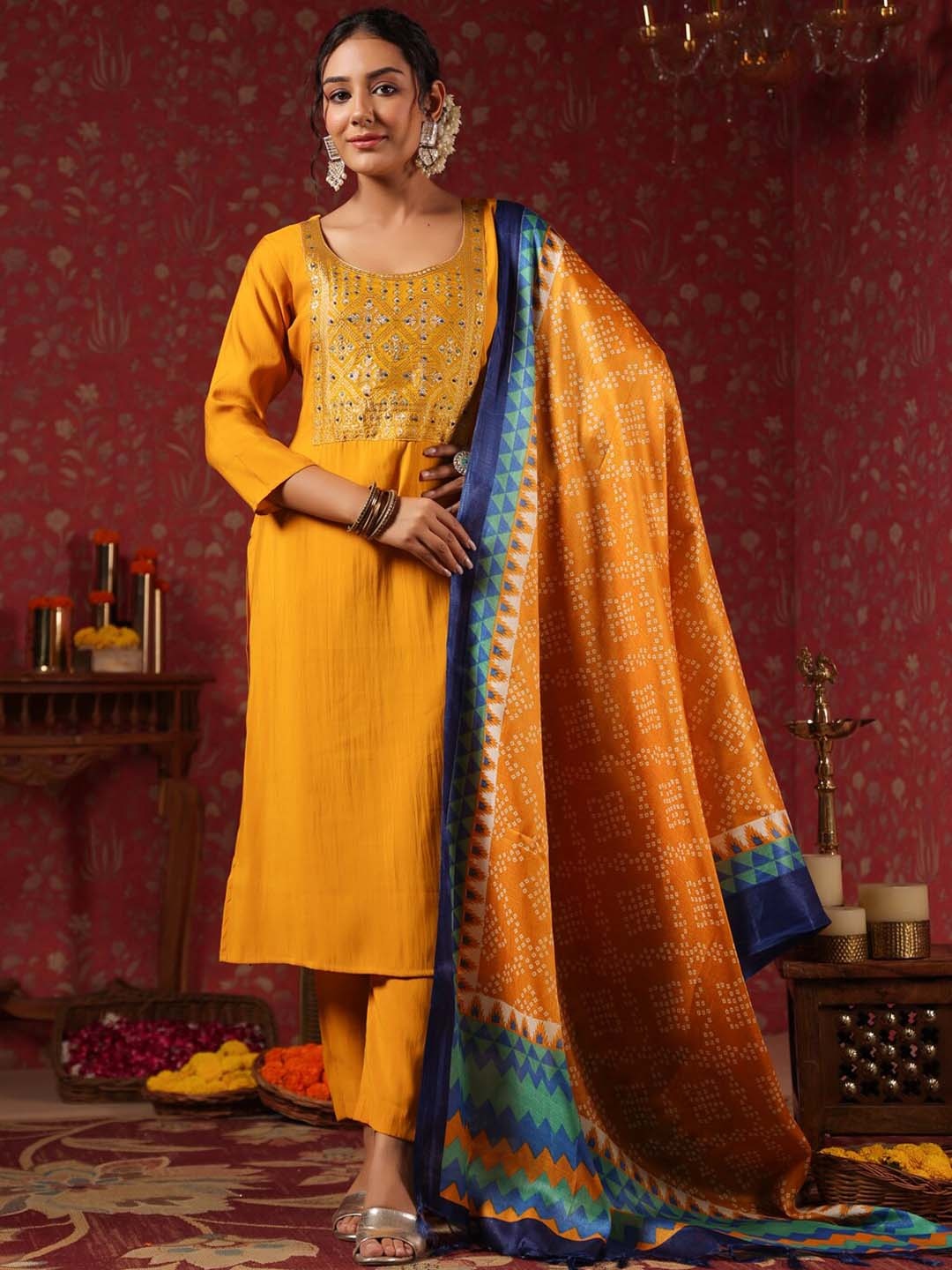 

Ishin Ethnic Motifs Yoke Design Thread Work Stright Kurta & Trousers With Dupatta, Mustard