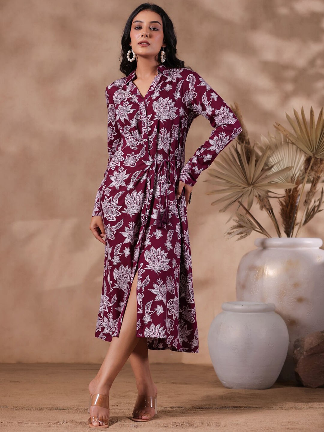 

Ishin Floral Printed Gathered Detail Shirt Style Dress, Maroon