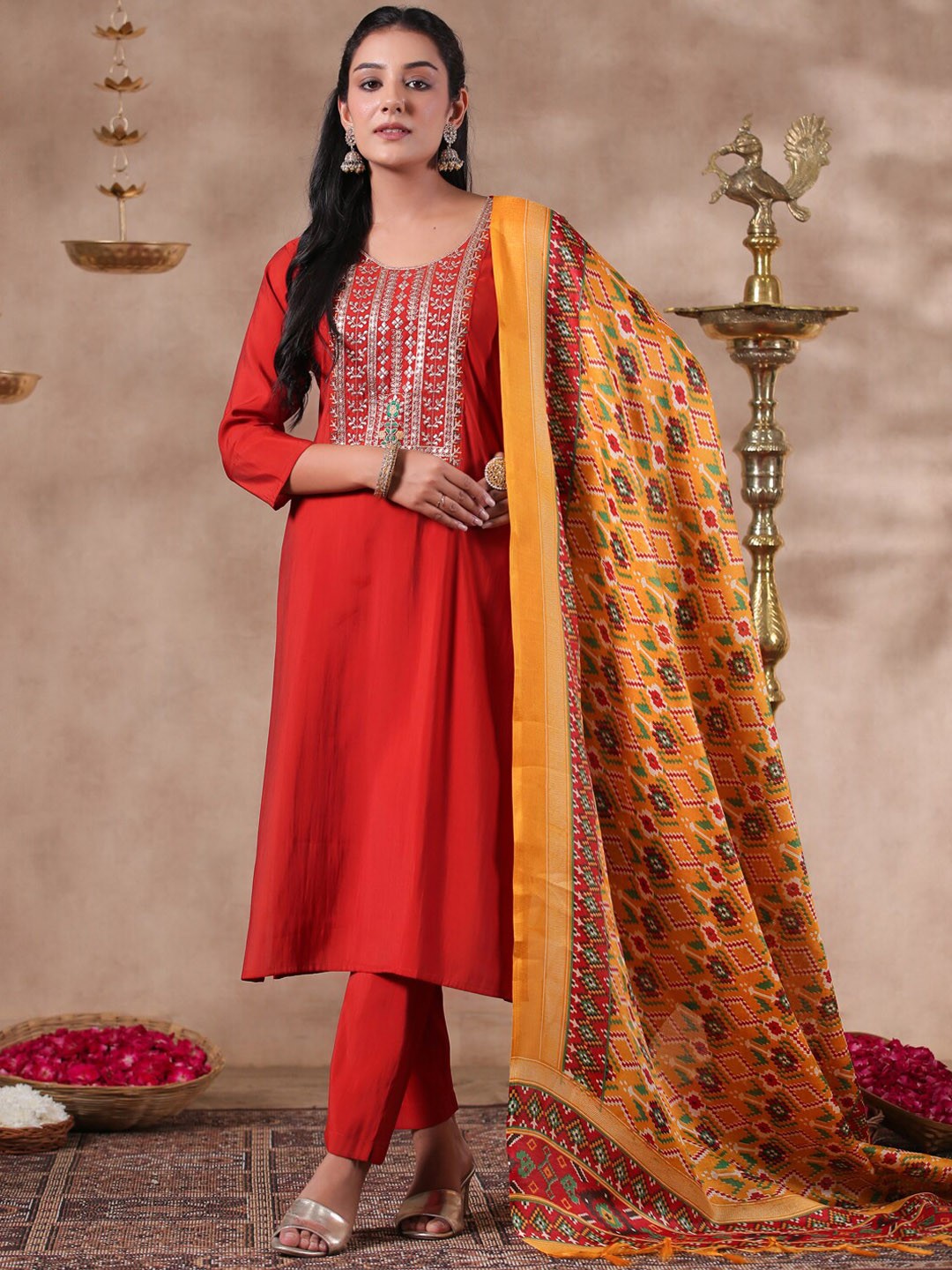 

Ishin Ethnic Motifs Yoke Design Thread Work Straight Kurta & Trousers With Dupatta, Rust