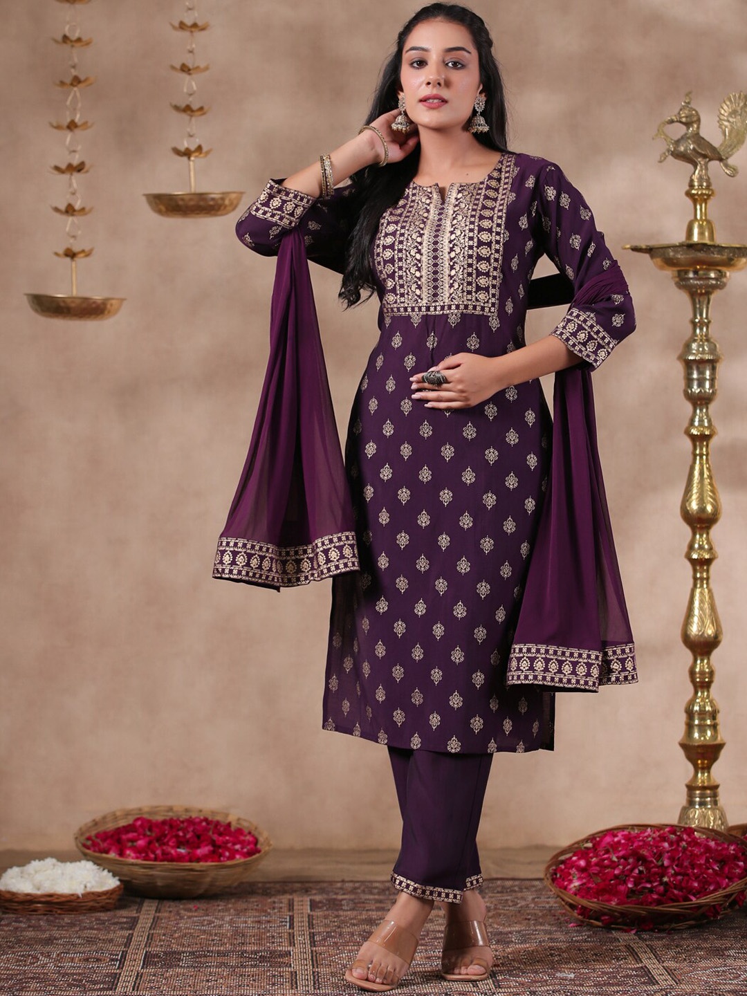 

Ishin Ethnic Motifs Printed Round Neck Regular Kurta With Trousers & Dupatta, Purple