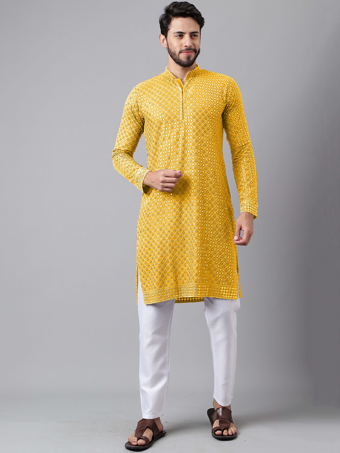 

SHADOW & SAINING Ethnic Motifs Embroidered Sequinned Cotton Silk Straight Kurta, Yellow