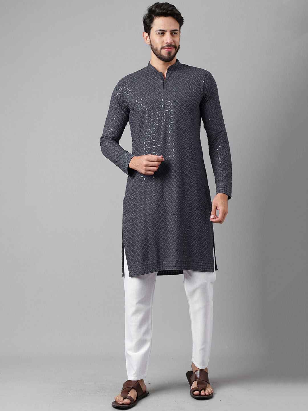 

SHADOW & SAINING Geometric Embroidered Mandarin Collar Sequins Straight Kurta, Grey