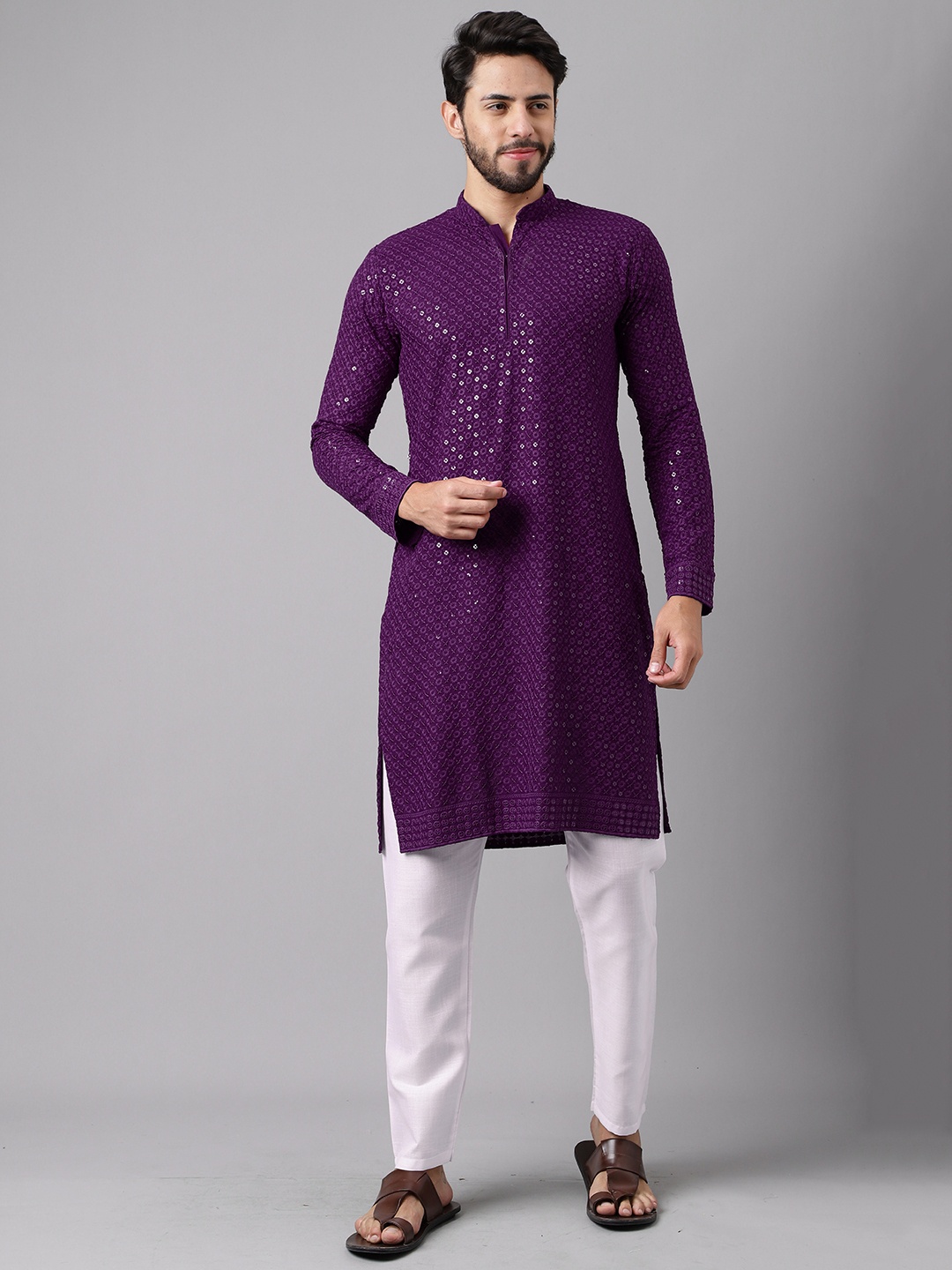 

SHADOW & SAINING Ethnic Motifs Embroidered Sequined Cotton Silk Kurta, Purple