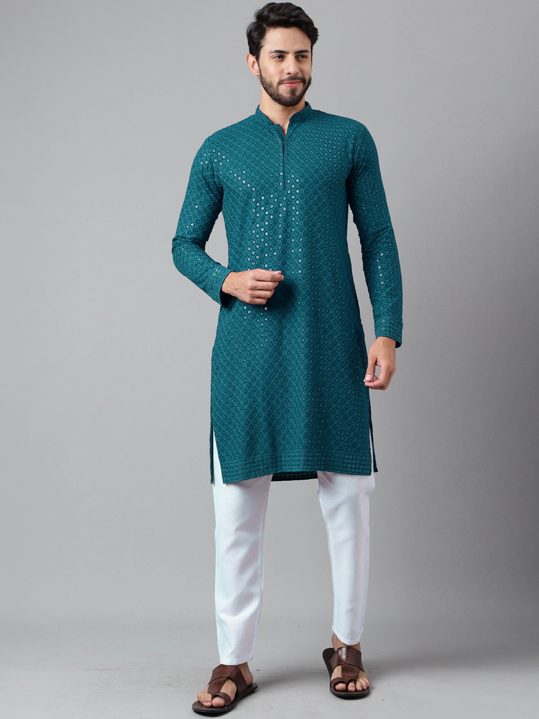 

SHADOW & SAINING Geometric Embroidered Sequinned Cotton Silk Kurta, Teal