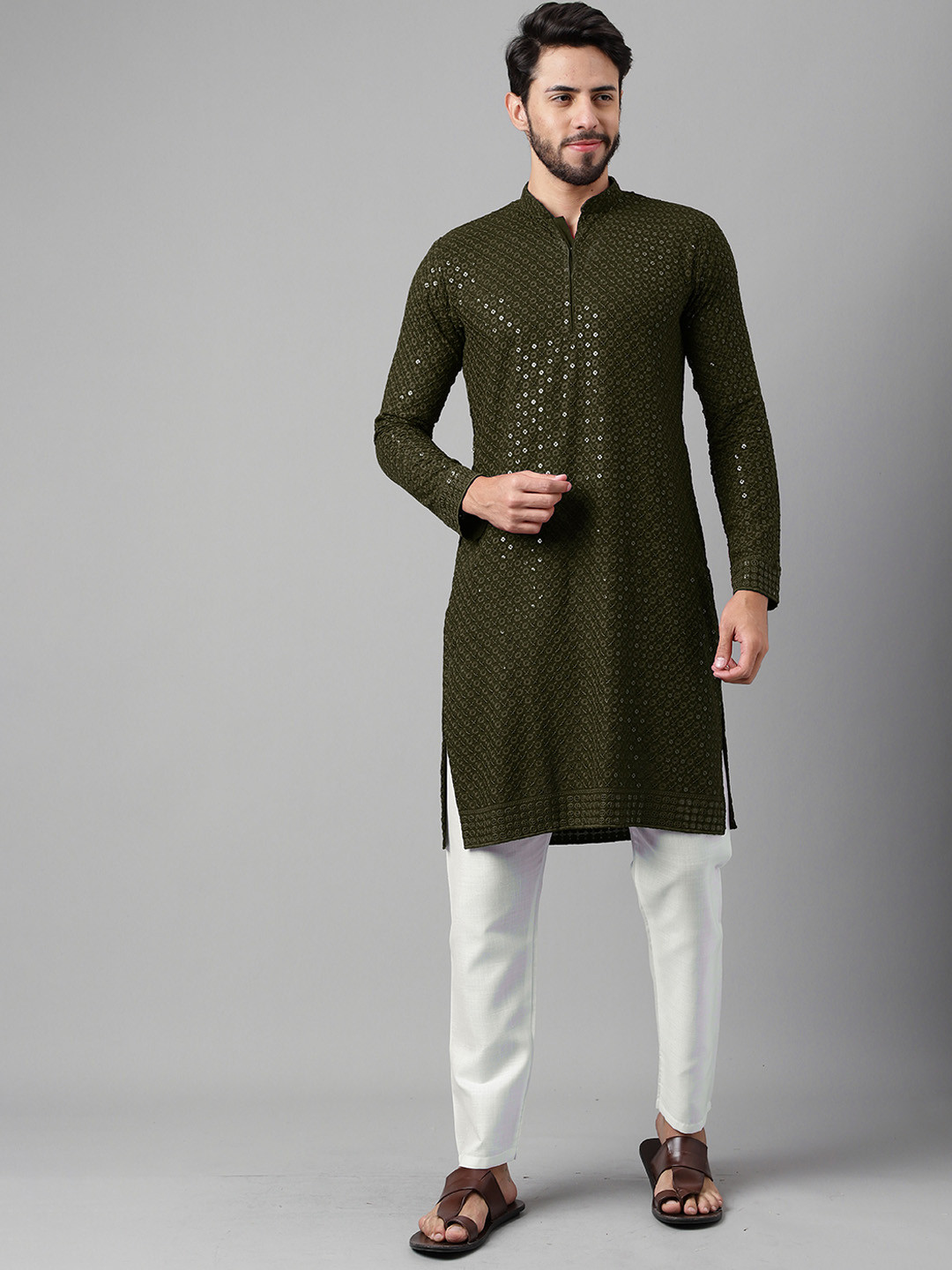 

SHADOW & SAINING Ethnic Motifs Embroidered Sequinned Cotton Silk Straight Kurta, Olive