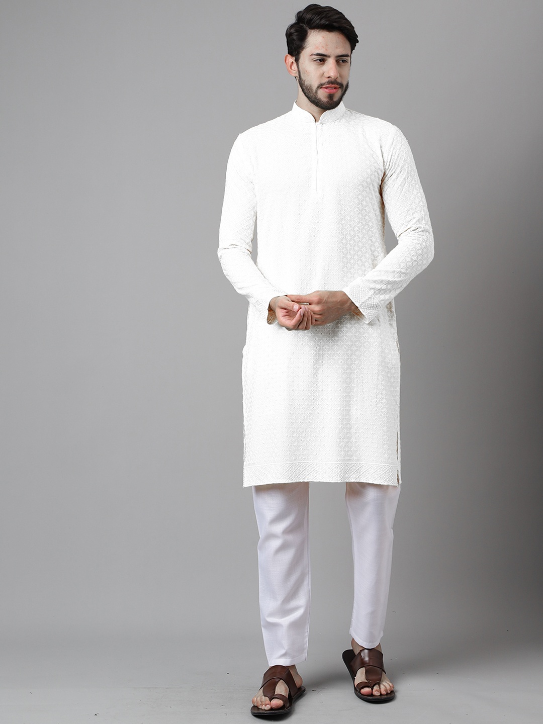 

SHADOW & SAINING Ethnic Motifs Embroidered Sequined Cotton Silk Kurta, White